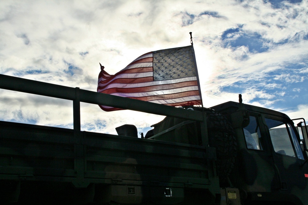 A U.S. flag mounted to a Texas Army National Guard vehicle