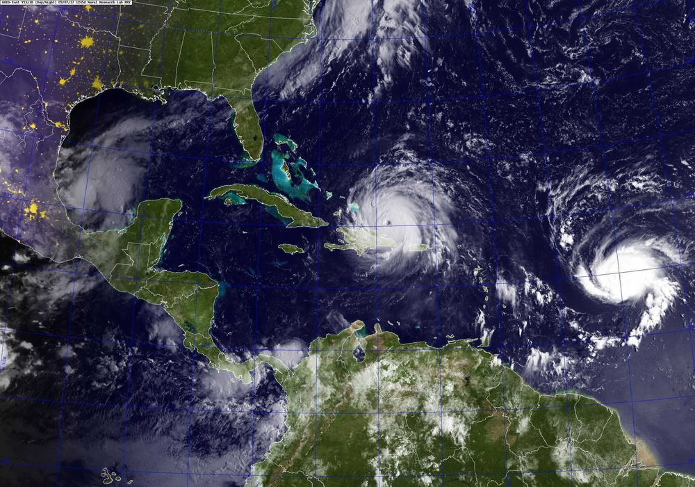 GOES satellite image from the Naval Research Laboratory  Hurricane Irma in the Caribbean Sea and Hurricanes Jose in the Atlantic Ocean and Katia in the Gulf of Mexico