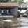 A residential neighborhood is experiencing significant flooding, with water covering the yard and street up to porch level. Two individuals are standing on the front porch of a single-story house, apparently assessing the flood situation. A pickup truck and carport structure are visible in the background, also surrounded by floodwater.