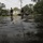 Military or National Guard personnel are wading through a flooded residential street, accompanied by military trucks in the background. The low-angle photograph captures the floodwater in the foreground with personnel in camouflage uniforms and tactical vests conducting what appears to be a flood response or search-and-rescue operation. The setting is a suburban neighborhood with houses, utility poles, and large trees visible.