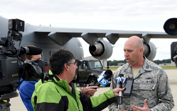 Capt. Conner speaks with media as he and his team prepares to deploy in support of Hurricane Irma