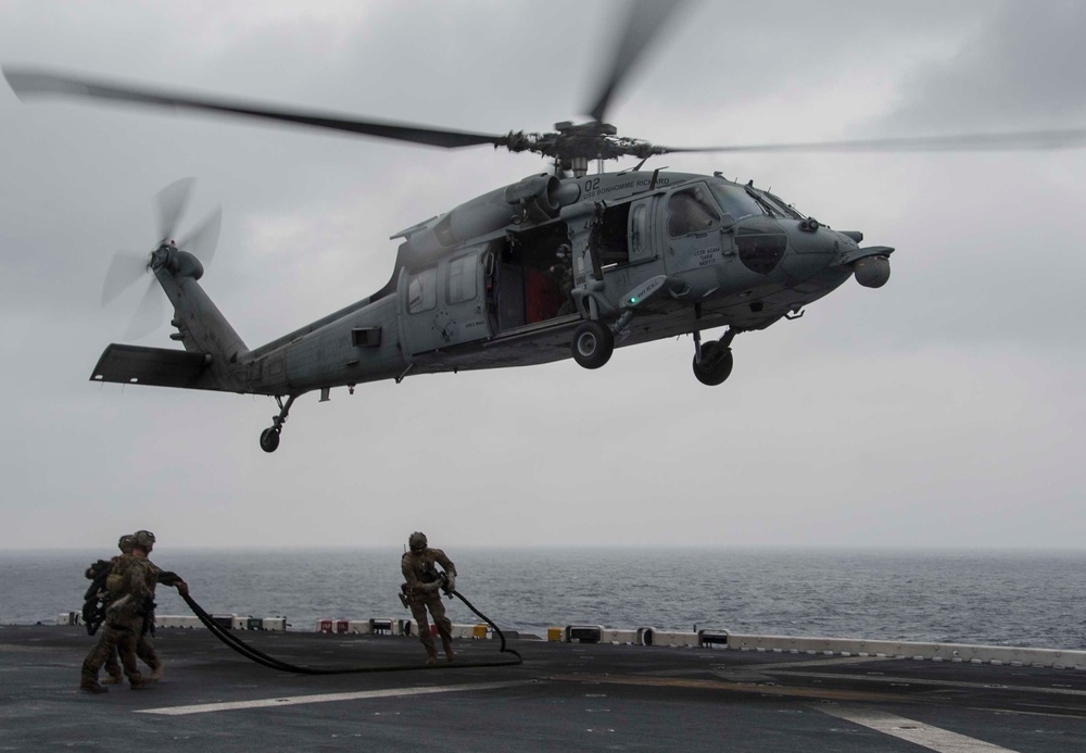 Marines assigned to the 31st MEU take part in a helicopter rope suspension technique (HRST) exercise.