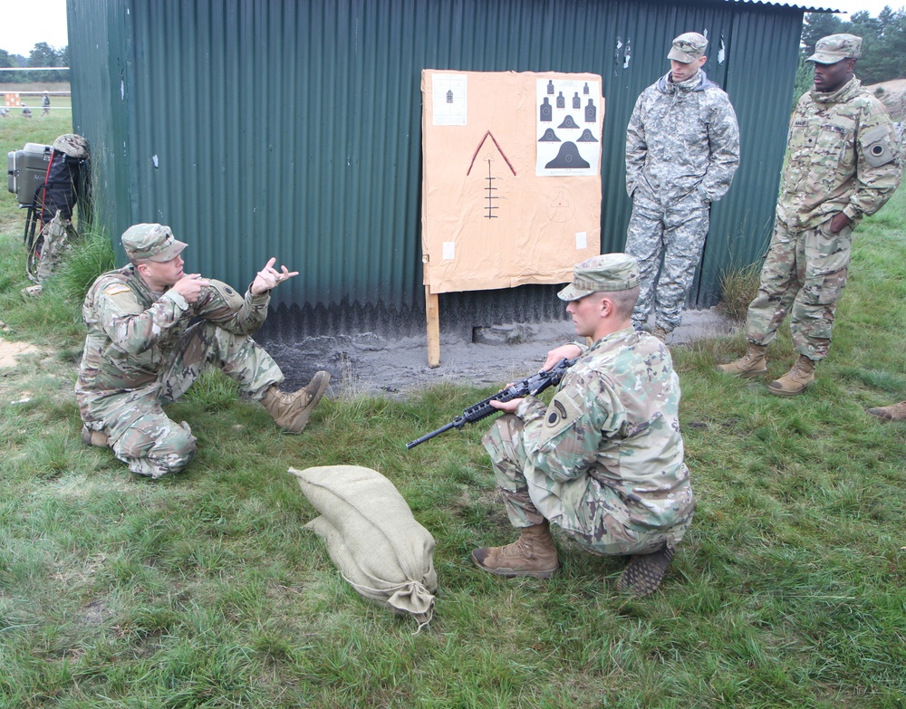 On Sept. 12, 2017 Soldiers of C Company, 1st Battalion, 125th Infantry Regiment receive primary marksmanship instruction and make preparations in advance of shooting on the zero range at Sennelager Training Area, Germany.