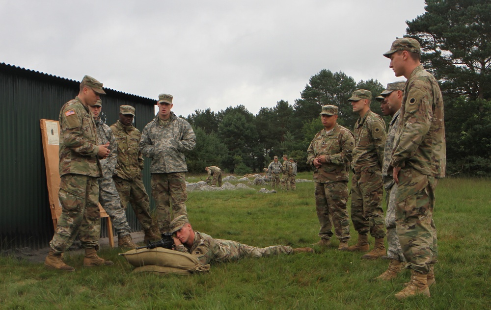 On Sept. 12, 2017 Soldiers of C Company, 1st Battalion, 125th Infantry Regiment receive primary marksmanship instruction and make preparations in advance of shooting on the zero range at Sennelager Training Area, Germany.