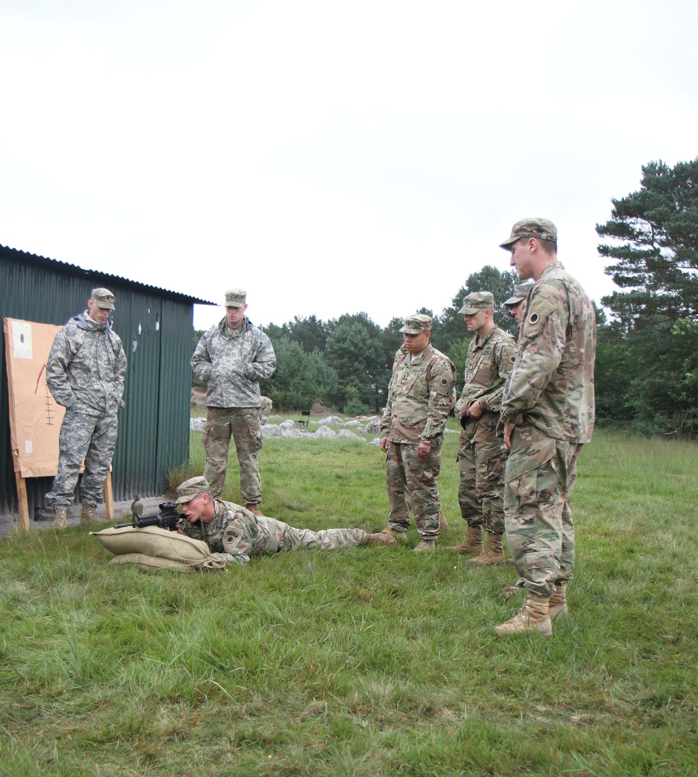 On Sept. 12, 2017 Soldiers of C Company, 1st Battalion, 125th Infantry Regiment receive primary marksmanship instruction and make preparations in advance of shooting on the zero range at Sennelager Training Area, Germany.