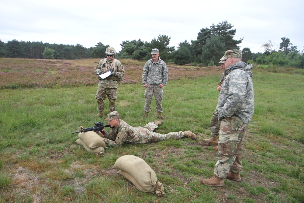 On Sept. 12, 2017 Soldiers of C Company, 1st Battalion, 125th Infantry Regiment receive primary marksmanship instruction and make preparations in advance of shooting on the zero range at Sennelager Training Area, Germany.