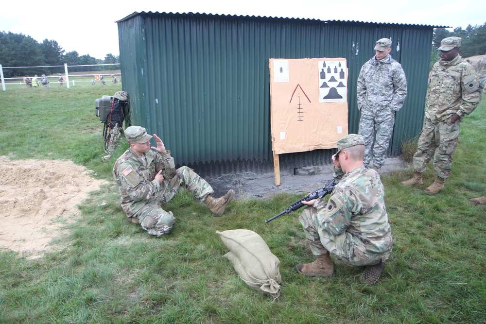 On Sept. 12, 2017 Soldiers of C Company, 1st Battalion, 125th Infantry Regiment receive primary marksmanship instruction and make preparations in advance of shooting on the zero range at Sennelager Training Area, Germany.