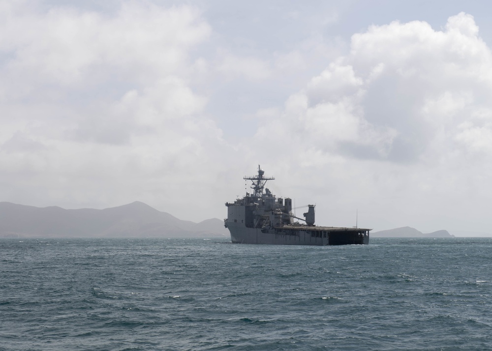 The dock landing ship USS Oak Hill (LSD 51) anchors outside of St. John, U.S. Virgin Islands