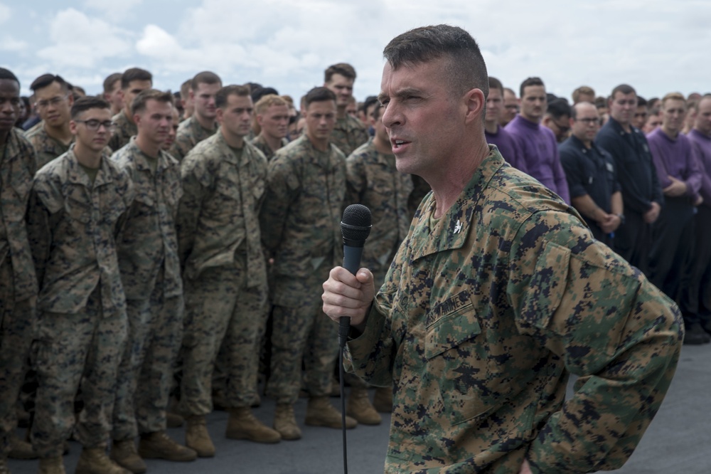 31st MEU all-hands call aboard USS Bonhomme Richard (LHD 6)