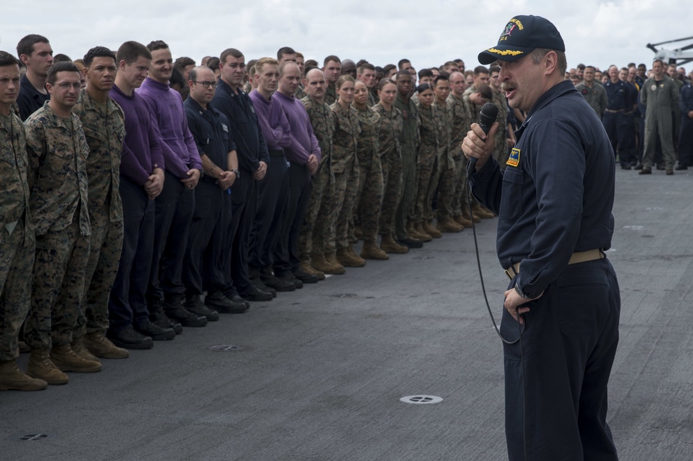 31st MEU all-hands call aboard USS Bonhomme Richard (LHD 6)