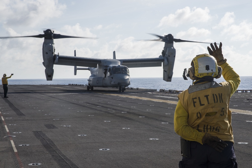 MV-22B Ospreys depart amphibious assault ship USS Bonhomme Richard (LHD 6)