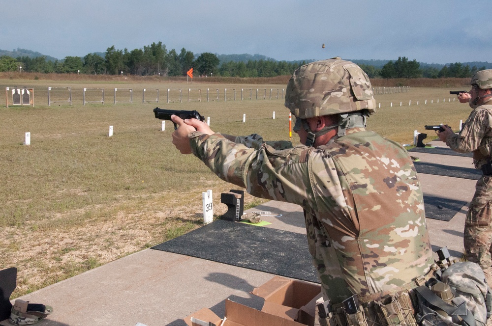 Sgt. Halley fires his M-9 pistol during the close engagement match