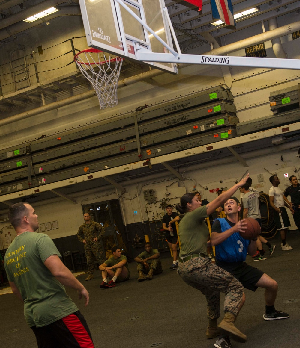 Sailors and Marines on USS iwo Jima (LHD 7) Play 3-on-3 Basketball