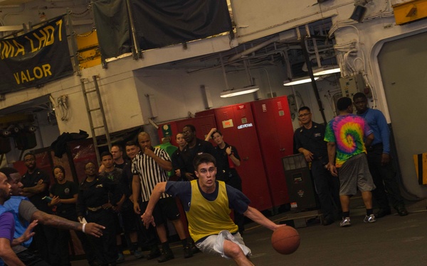 Sailors and Marines on USS iwo Jima (LHD 7) Play 3-on-3 Basketball