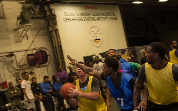 Sailors and Marines on USS iwo Jima (LHD 7) Play 3-on-3 Basketball