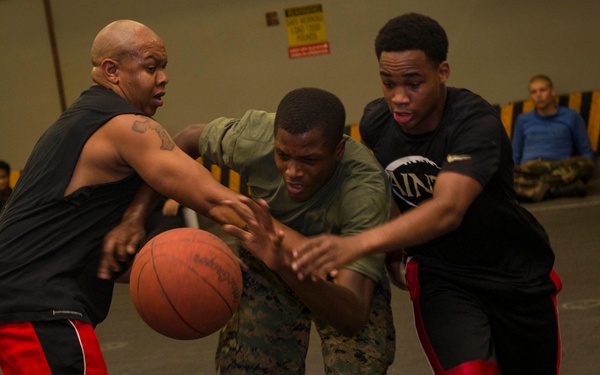 Sailors and Marines on USS iwo Jima (LHD 7) Play 3-on-3 Basketball