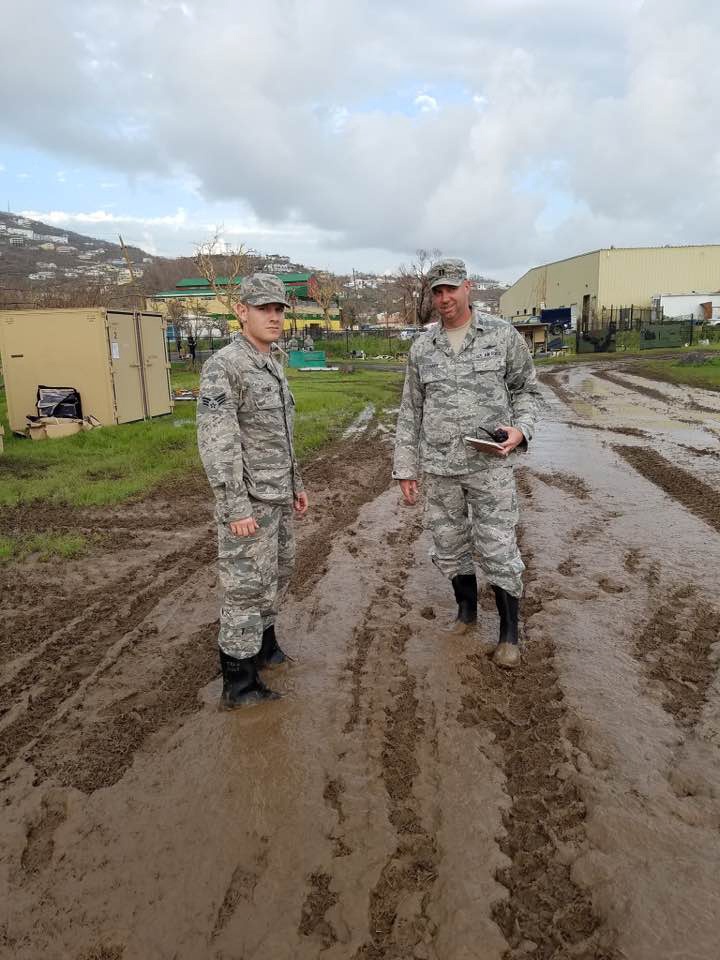 Capt. Craig Conner and Senior Airman Jade Brown, 269th Combat Communications Squadron, Ohio Air National Guard, Springfield Air National Guard Base are surveying a site to extend services to a Red Horse unit in St. Thomas, U.S. Virgin Islands Sept. 15, 20