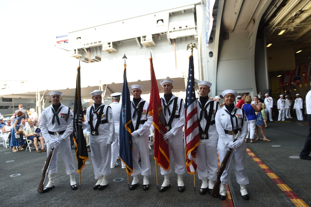 USS Gerald R. Ford's (CVN 78) color guard poses for a group photo prior to the ship's commissioning ceremony