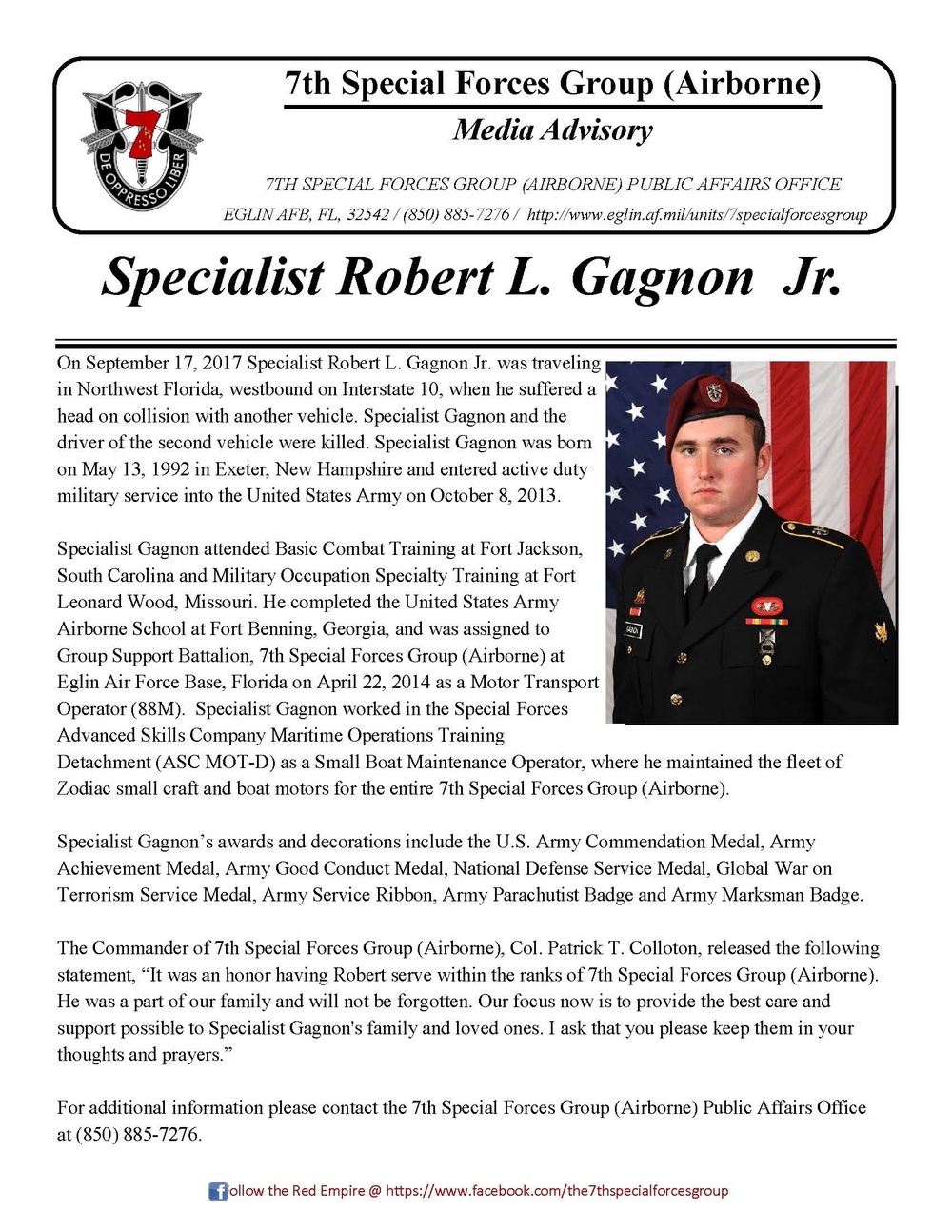 Media Advisory: Specialist Robert L. Gagnon Jr