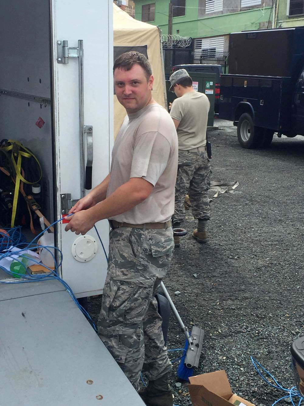 Tech. Sgt. Zach Ruoff, part of a six-person team from the 269th Combat Communications Squadron, Springfield Ohio Air National Guard Base, prepares cables to extend communications services to St. Thomas, U.S. Virgin Islands in the aftermath of Hurricane Ma