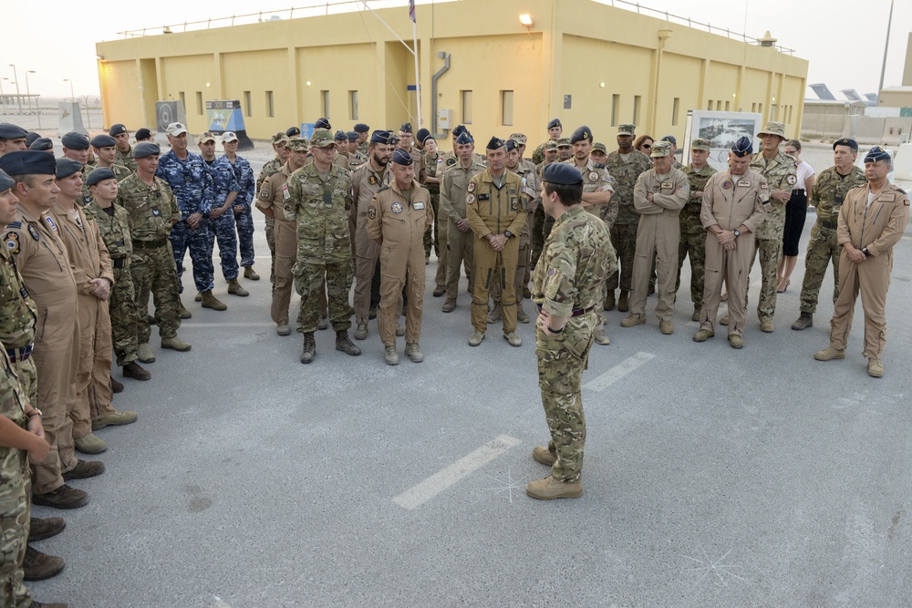 The United Kingdom Air Component is joined by its coalition partners for a Battle of Britain commemoration service held at Al Udeid Air Base