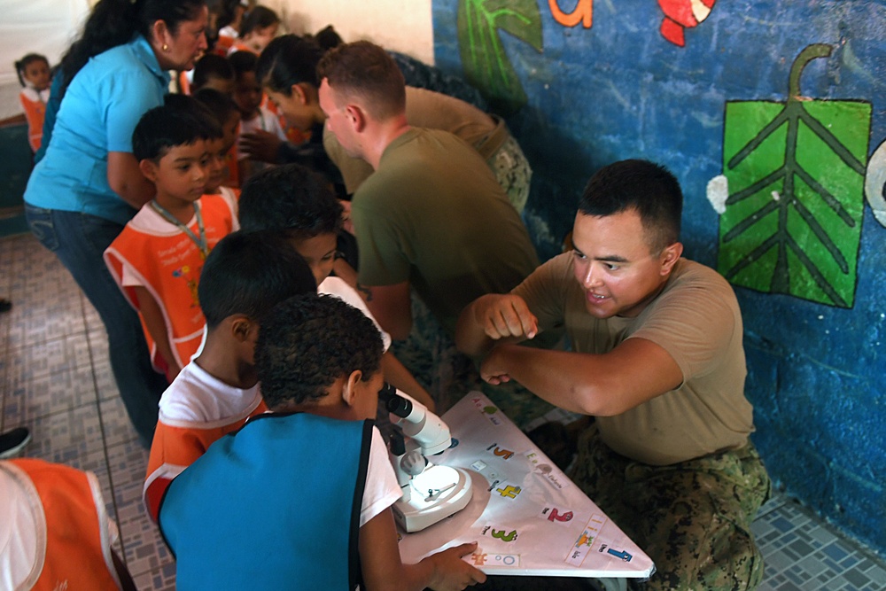 Sailors and Marines Interact with Students during SPS 17 COMREL