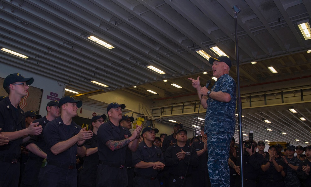 All-hands call with Vice Adm. Tom Rowden aboard USS Bonhomme Richard (LHD 6)