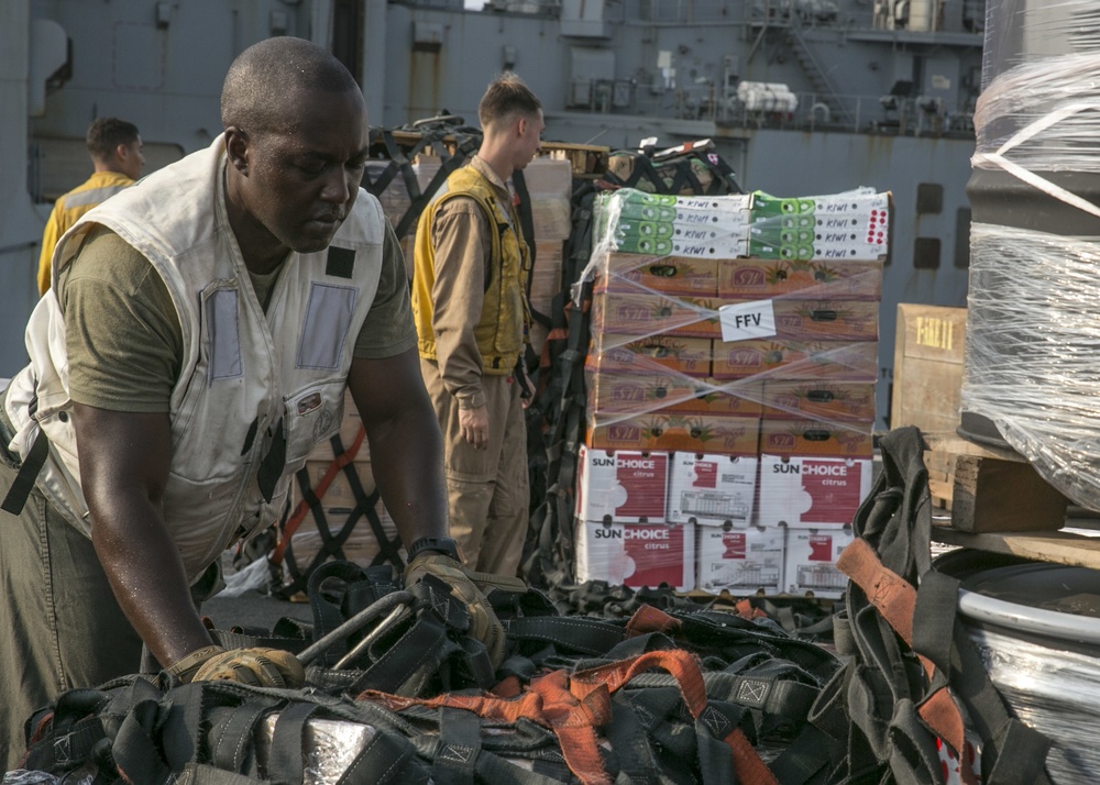 Resupply at sea aboard USS Pearl Harbor (LSD 52)