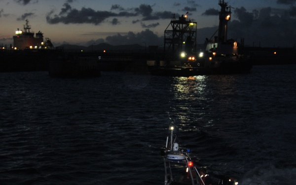 Coast Guard cutter small boat crew scouts mooring locations in Lime Tree Bay, St. Croix