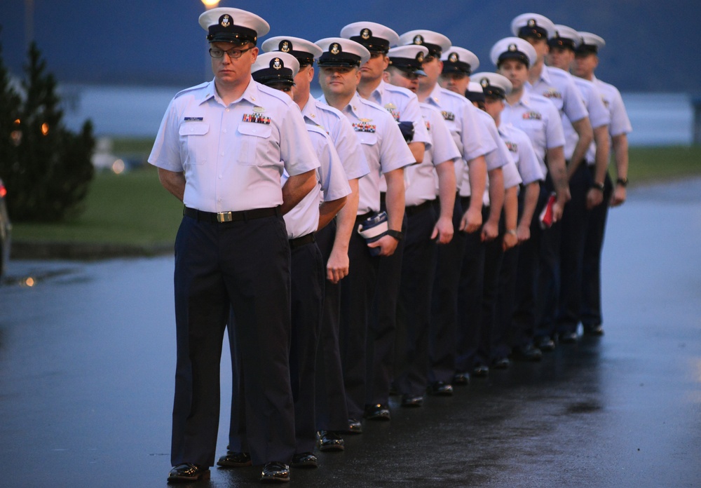 Coast Guard Kodiak-based chiefs present morning colors for CCTI