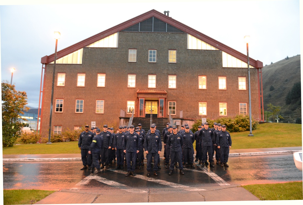 Coast Guard Kodiak-based chiefs present morning colors for CCTI