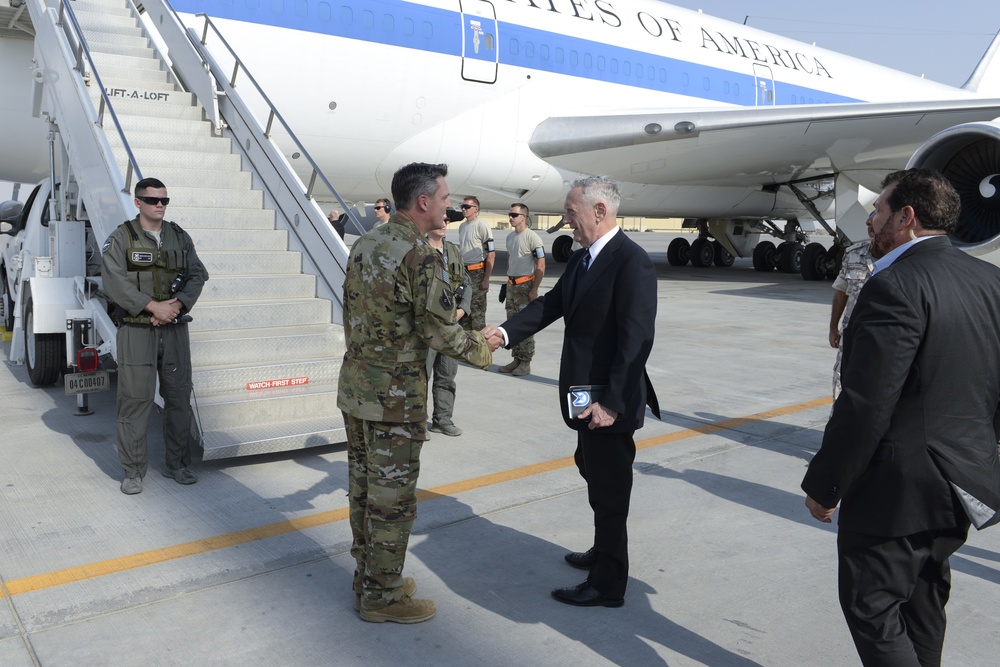 Secretary of Defense Jim Mattis visits Al Udeid Air Base