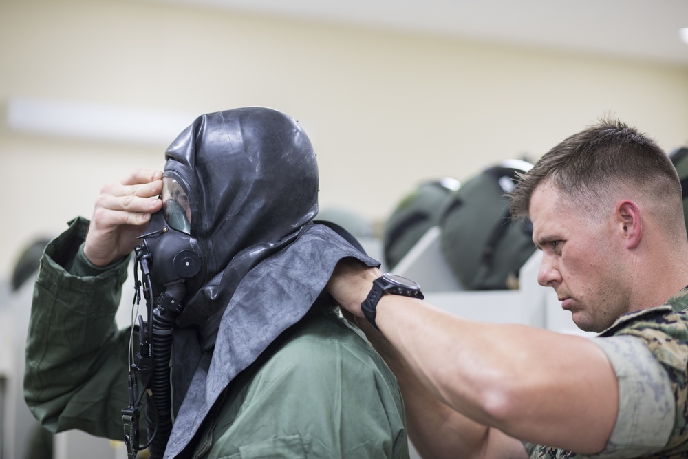 VMFA-251 pilots maintain CBRN equipment skills during training drills