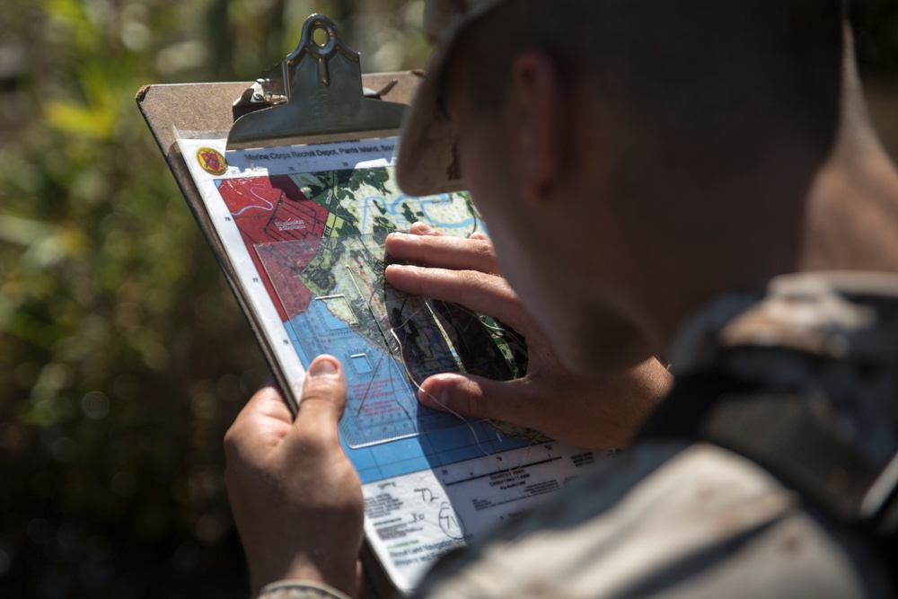 Marine recruits practice land navigation on Parris Island