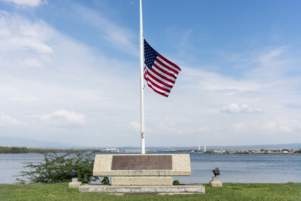 USS Nevada Memorial at half-mast