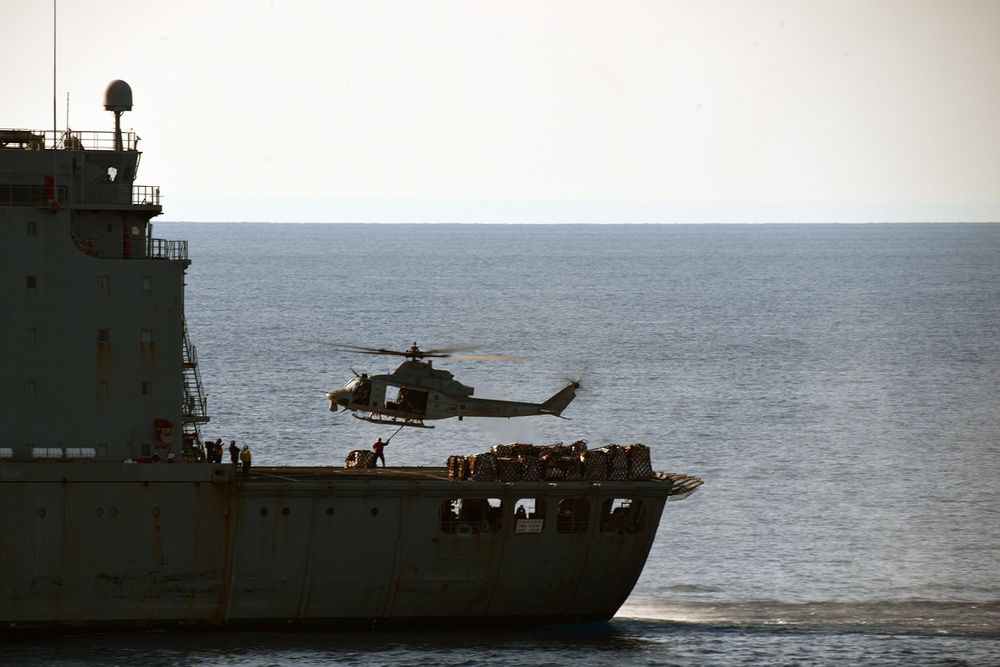 USS San Diego VERTREP with USNS Leroy Grumman