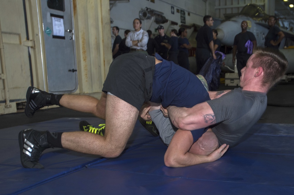 Nimitz Sailors Wrestle for PT