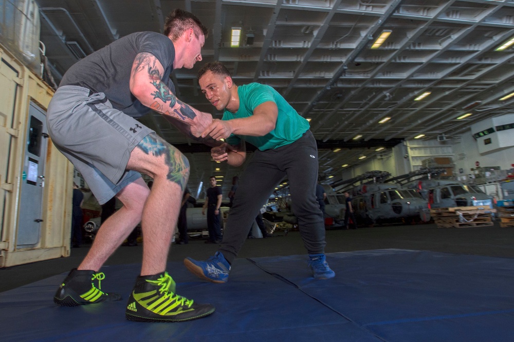 Nimitz Sailors Wrestle for PT