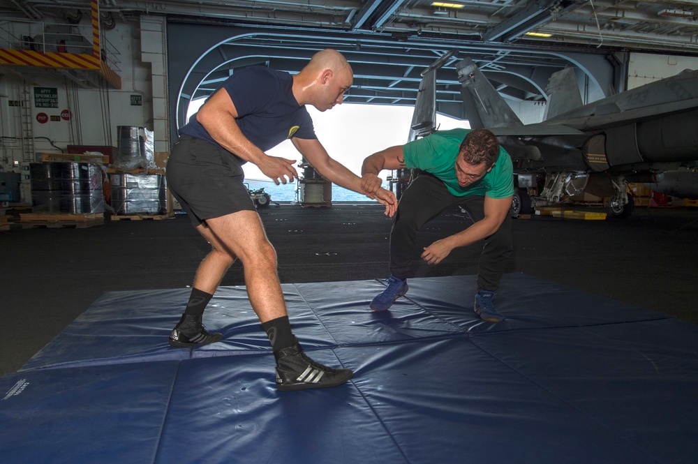 Nimitz Sailors Wrestle for PT