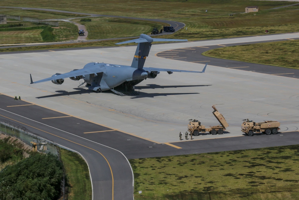 U.S. Military Lands C17 aircraft with two M142 High Mobility Artillery Rocket Systems aboard in South Korea