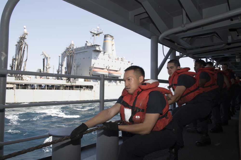 USS Lake Erie (CG 70) Sailors handle lines during RAS