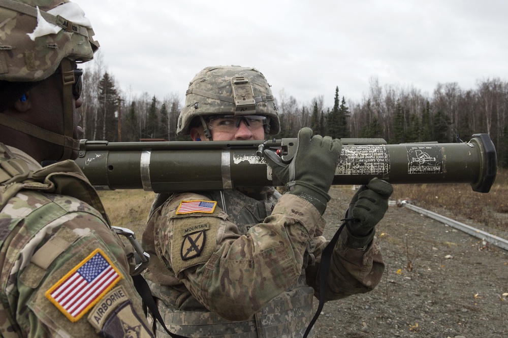 Muleskinners conduct M136E1 AT4-CS confined space light anti-armor weapon sustainment training at JBER