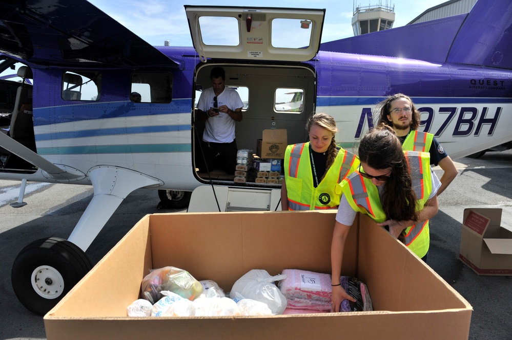 Members of the federal government response prepare to transfer pallets of infant care items to Puerto Rican families in need