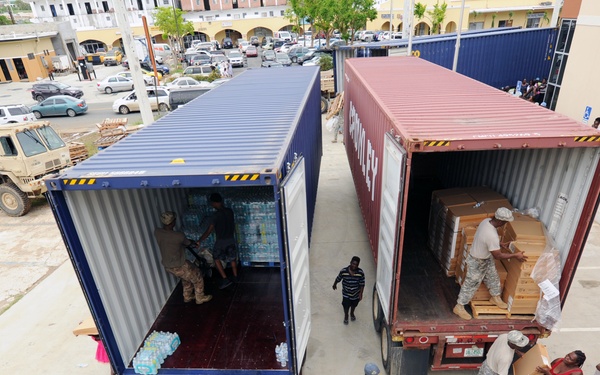 Volunteers and US Virgin Island National Guard Help to Distribute Supplies at a Point of Distribution in St. Thomas