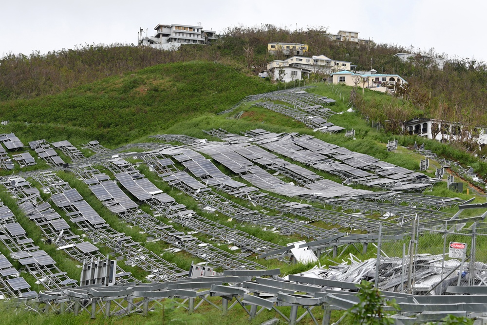 A Field of Damaged Solar Panels Remain in St. Thomas