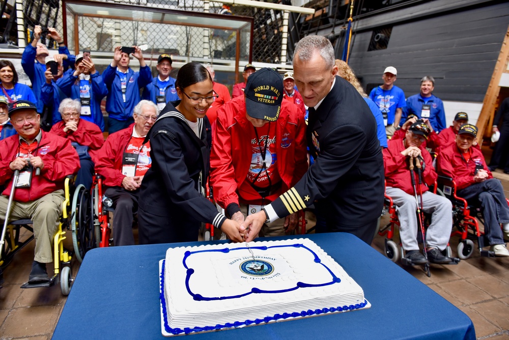 Marking the 75th anniversary of World War II, the National Museum of the United States Navy Director Jim Bruns and Naval Support Activity Washington's Commanding Officer Captain Jeff Draeger welcomed veterans from the Bay Area Honor Flight and the Armed F