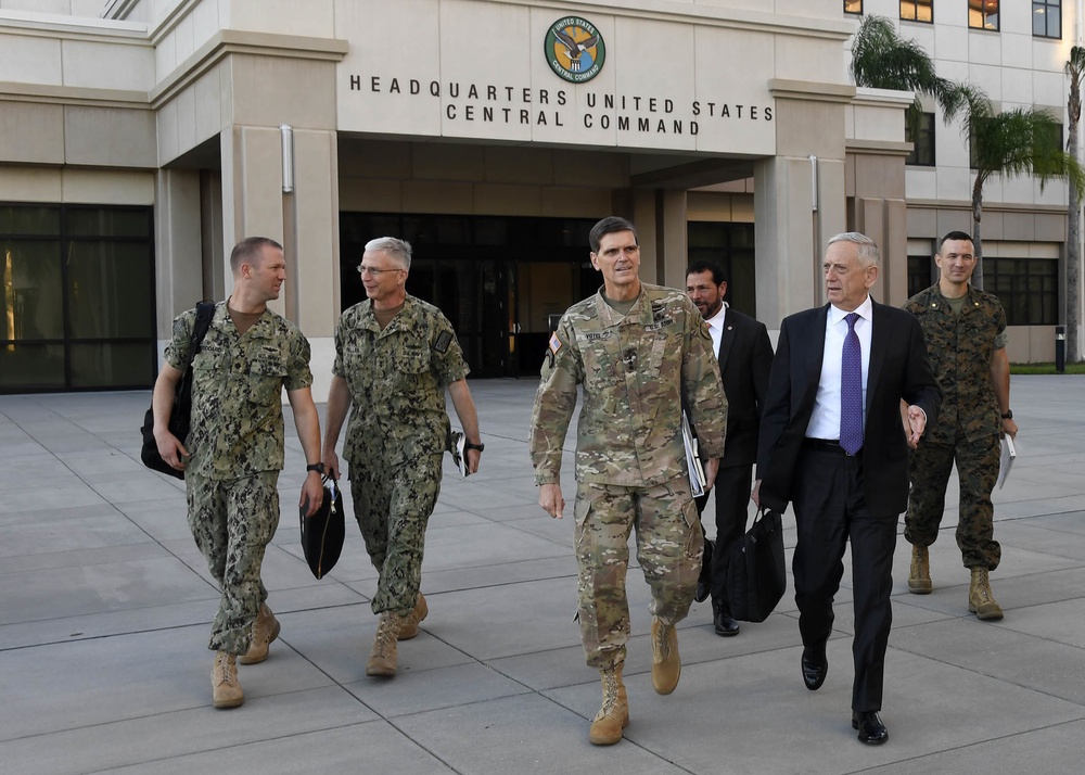 U.S. Secretary of Defense James Mattis meets with U.S. Army Gen Joseph L. Votel, commander U.S. Central Command