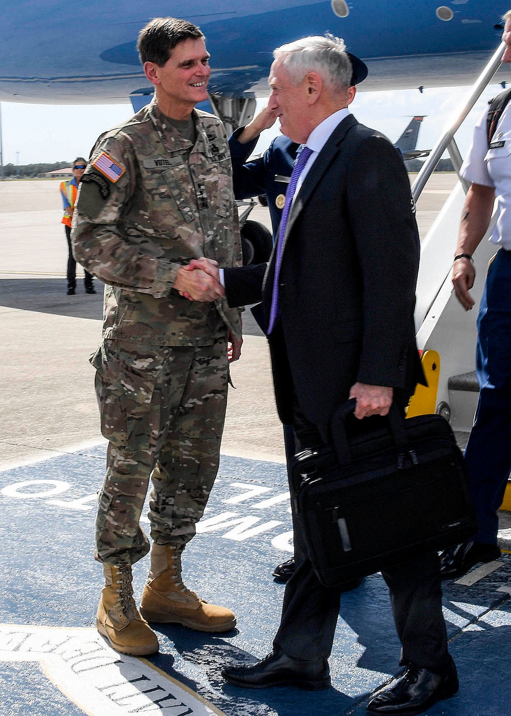 U.S. Secretary of Defense James Mattis meets with U.S. Army Gen Joseph L. Votel, commander U.S. Central Command