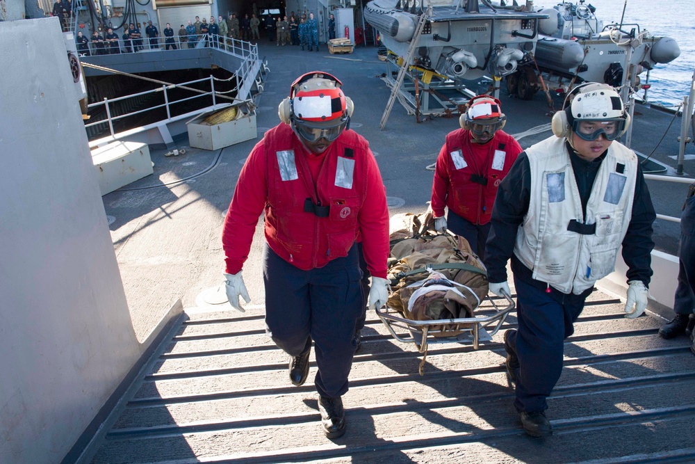 Sailors conduct medical drill aboard USS Rushmore during Dawn Blitz 2017