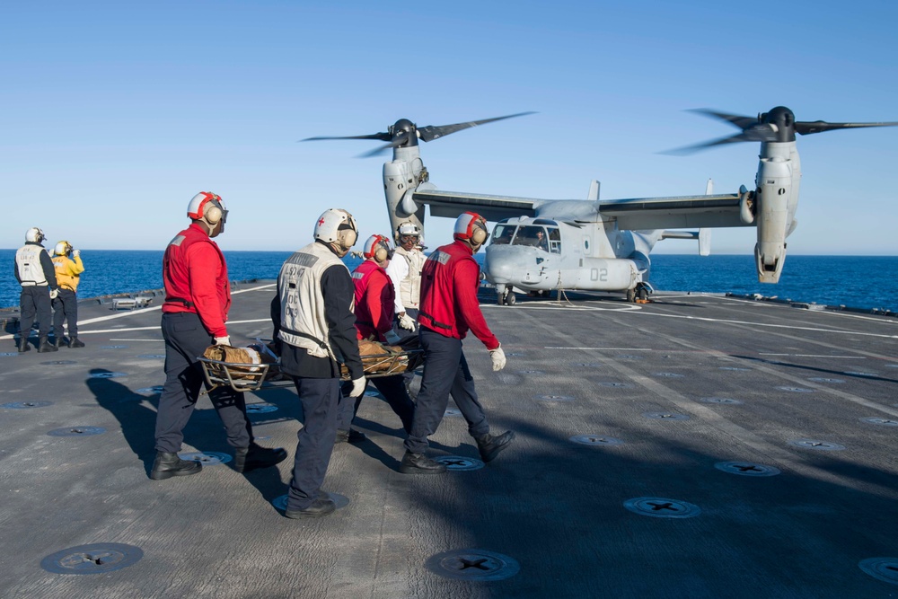 Sailors conduct medical drill aboard USS Rushmore during Dawn Blitz 2017